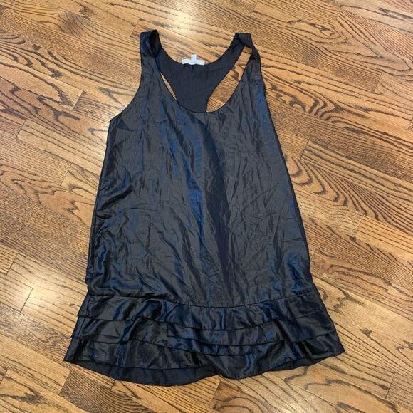 7 FOR ALL MANKIND Black Shine Metal Sparkle Ruffle Dressy Tunic Tank Top S - Picture 1 of 4